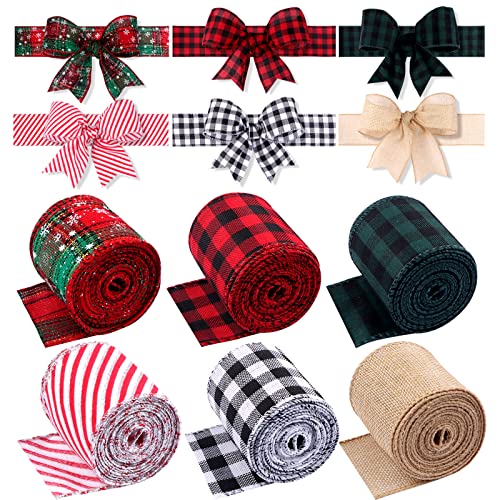 6 Rollen Geschenkband Weihnachten, Kalolary Xmas Snowflake Ribbons Rot und Schwarz kariertes Büffelbänder Sackleinenband mit Weihnachtsmustern DIY Bastelverpackung für Weihnachtsbaum-Partydekoration von Kalolary