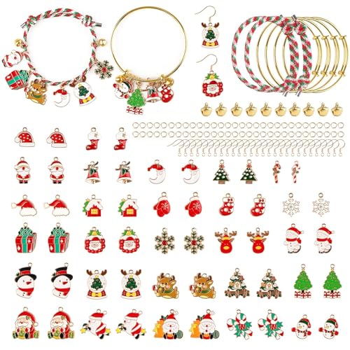 Kalolary 84P 27 Stile Weihnachten Emaille Charme, weihnachtliche Charms Anhänger Set mit Ohrhaken, Rotem Seil, Armbändern, Glocken Handwerk Bilden Schmuck Basteln Herstellung Zubehör von Kalolary