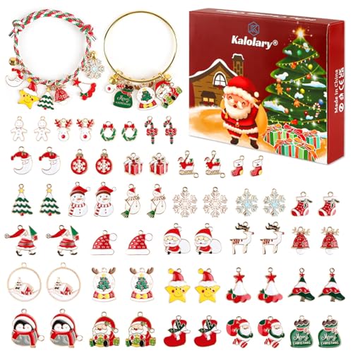 Kalolary 96P 30 Stile Weihnachten Emaille Charme, weihnachtliche Charms Anhänger Set mit Ohrhaken, Rotem Seil, Armbändern, Glocken Handwerk Bilden Schmuck Basteln Herstellung Zubehör von Kalolary