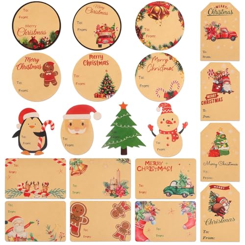 Kalolary Weihnachten Kraftpapier Etiketten, Aufkleber Weihnachten Selbstklebend Weihnachten Geschenk Dekorieren Aufkleber Vintage Namensschilder Geschenketikette für Weihnachtsdeko (200 Stück) von Kalolary