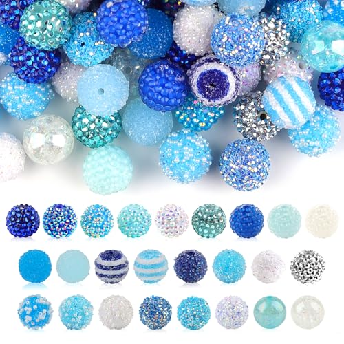 Kalolary Weihnachts-Strass-Perlen, 20 mm, blau-weiß, klobige Perlen, Winter-Acrylperlen für Schlüsselanhänger, Stift, Weihnachten, Pavé-Fassung, Discokugel-Perlen für Weihnachtsschmuckherstellung, 100 von Kalolary