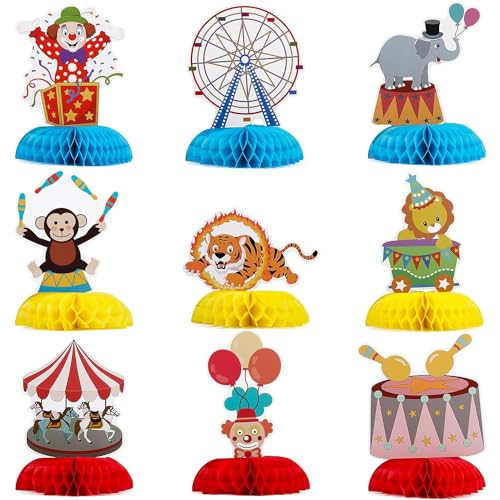 9 Stück Karneval Bienenwaben Tischdeko, 3D Clownkopf Zirkus Bienenwabe Deko, Geburtstag Bienenwaben Deko, Tier Party Bienenwabe, Bienenwaben Deko Tischaufsätze Set, für Karneval Kinder Zirkus Party von Kalsey