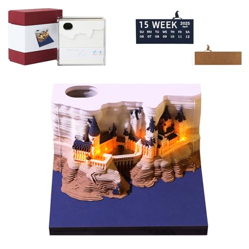 3D Notizblock Kalender, Magisches Schloss Wochenkalender Notizblock 3D Kalender Abreißen 2025 mit Licht und Stifthalter, Kreative Papier Skulptur Desktop Ornament Stifthalter Geschenk von Kamanan