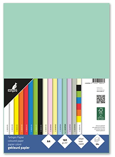 Kangaro - Tonpapier Pastell Grün DIN A4-160g/m² FSC mix – 50 pack - Briefpapier Bastelpapier DIY von Kangaro