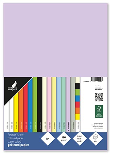 Kangaro - Tonpapier Pastell Lilla DIN A4-160g/m² FSC mix – 50 pack - Briefpapier Bastelpapier DIY von Kangaro