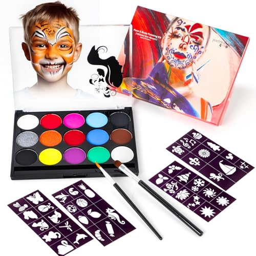 Kangtaixin Kinderschminke - 15 Farben Kinderschminken Set - Waschbar Face Paint Bodypaint mit 2 Pinseln und 32 Tattoos Make Up Theaterschminke für Halloween Fasching Karneval von Kangtaixin