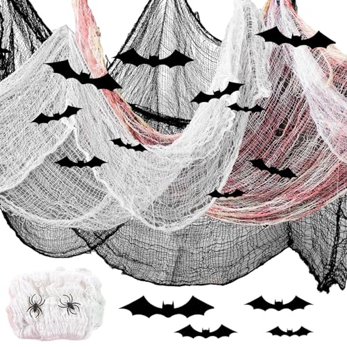 Kapokr 20 Stück Halloween Deko Set 3 Halloween Dekostoff Grusel Deko 1 Spinnennetz Deko mit 16 3D Fledermaus Gruselige Deko Halloween Tuch für Spukhäuser, Garten, Veranden, Hallen von Kapokr