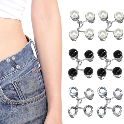 Kapokr 6 Sets Jeans Knöpfe Ohne Nähen Strass Pearl Jeansknöpfe Verstellbare Hosenpins Hosenbund Enger Machen Hosenknöpfe für Jeans Abnehmbarer Hosenknopf zum Stecken (3 Stile) von Kapokr