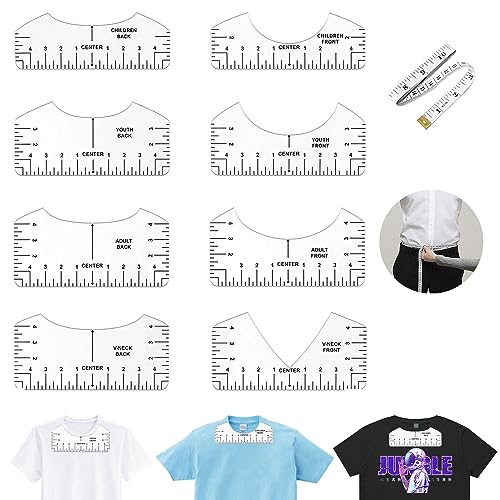 Kapokr 8 T-Shirt Ausrichtungslineal Plotter Zubehör mit 1 Weichen Maßband, Transparente Bügellineal DIY Tool Shirt für Gestalten T-Shirts mit Rundhalsausschnitt und V-Ausschnitt von Kapokr