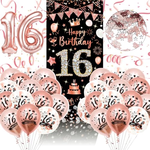 16 Geburtstag Deko, 16. Geburtstag Junge Mädchen Roségold Schwarz Dekorationen Luftballons Banner 16. Geburtstag Junge Deko Konfetti Zahl 16 Folienballon 16 Geburtstagsdeko Luftballons Banner Party von Kareeran