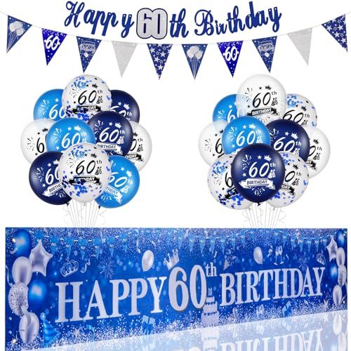 60 Geburtstag Deko Männer, Blau 60. Geburtstags Extra Lange Happy Birthday Banner Girlande Wimpel Männer Frauen 60. Geburtstags Deko Banner luftballons Konfetti Luftballon Party Hintergrund Deko von Kareeran