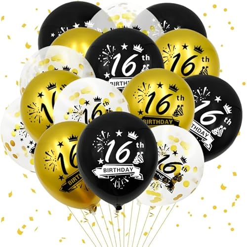 Luftballons 16. Geburtstag Deko, 18 Stück 16 Geburtstag Schwarz Gold Deko Junge Mädchen Happy Birthday Konfetti Luftballon 16.Geburtstag für Party Tisch von Kareeran