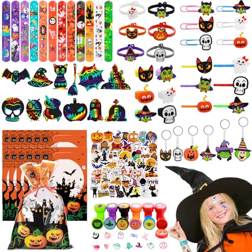 Halloween Party Mitgebsel Kindergeburtstag, Halloween Deko Kindergeburtstag Halloween Party Spielzeug mit Schlüsselanhänger Schnapparmbänder Aufkleber Halloween Füllung Kinder für 5 6 7 8 9+ Jahre von Kareeran