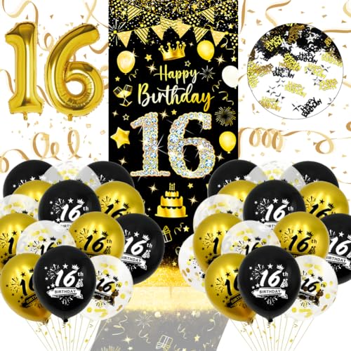 16 Geburtstag Deko, 16. Geburtstag Junge Mädchen Schwarz Gold Dekorationen Luftballons Banner 16. Geburtstag Junge Deko Konfetti Zahl 16 Folienballon 16 Geburtstagsdeko Luftballons Banner Party von Kareeran