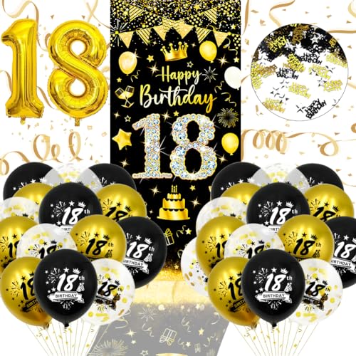 18 Geburtstag Deko, 18. Geburtstag Junge Mädchen Schwarz Gold Dekorationen Luftballons Banner 18. Geburtstag Junge Deko Konfetti Zahl 18 Folienballon 18 Geburtstagsdeko Luftballons Banner Party von Kareeran