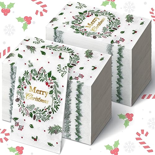 Karenhi 200 Stück Merry Christmas Gästeservietten Stechpalmenbeere Einweg-Handtuch für Badezimmer 2-lagig Xmas Dekorative Serviette Badezimmer Papierhandtücher Weihnachten Party Dekor für Winterparty von Karenhi