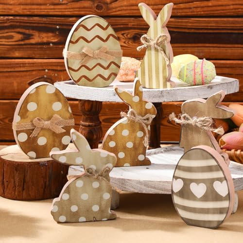 Karenhi Osterhasen-Ei-Dekoration, rustikales Kaninchen-Ei, Holz-Tischdekorationen mit Schleifen, Oster-Tablett, Dekoration für Frühling, Ostern, Basteln, Party, 7 Stück von Karenhi