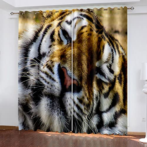 KarfRi Vorhang Blickdicht Gardinen Für Wohnzimmer Schlafzimmer Kinderzimmer - Verdunkelungsvorhang 3D Modetier Tiger Druck Muster Verdunklungs Vorhänge Mit Ösen 2Er Set Thermogardine 140X110cm von KarfRi