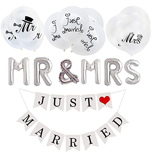 Just Married Girlande Set, Hochzeitsdeko Vintage Mr & Mrs Buchstabenschmücken mit 6 Stück Luftballons Latex Ballons Folienballons für Deko Hochzeit Auto Tischdeko Brautpaar Zimmerdeko von Karjiaja