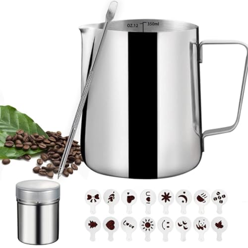 350ml/12oz Milchkännchen Edelstahl 304 - Kaffee Zubehör Kakaostreuer für Cappuccino - Puderzuckerstreuer mit 16 Schablone und 1 Stahlnadel, Silber von Karkar