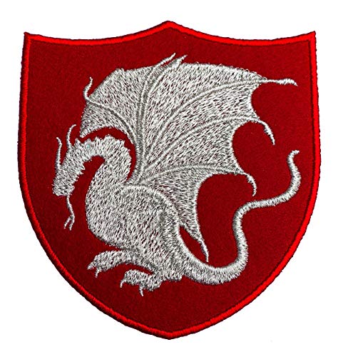 King Arthur Pendragon Patch (10,2 cm) roter Samt + silberne Stickerei zum Aufbügeln/Aufnähen, besticktes Drachen-Emblem, Abzeichen, Kostüm, Cosplay, Umhang, Jacke, Mantel von Karma Patch