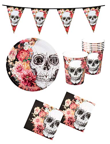 Karneval-Klamotten Halloween Tischdeko Party Set XXL Totenkopf Horror Partygeschirr 24 Teile Teller Becher Servietten Girlande La Catrina Tag der Toten von Karneval-Klamotten