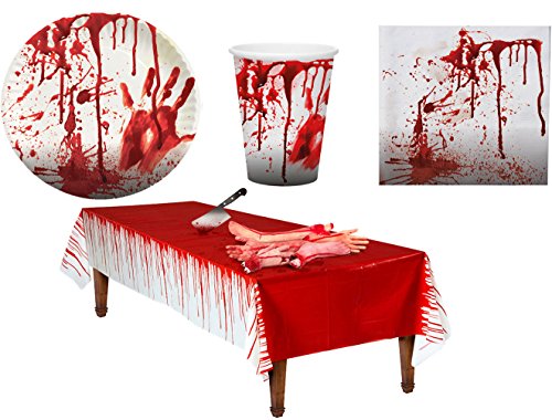 Karneval-Klamotten blutiges Tischdeko Party Set XL Halloween Horror Blut 37 Teile Teller, Becher, Servietten, Tischdecke von Karneval-Klamotten