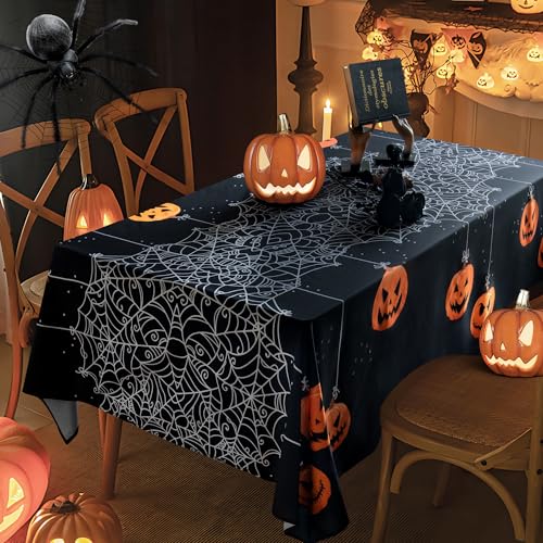 Karseteli Rechteckige Halloween-Tischdecke, 152,4 x 213,3 cm, wasserdicht, Spinnennetz, Kürbis-Tischdecke, waschbare Tischdecke für Party, Picknick, Abendessen, Dekoration von Karseteli