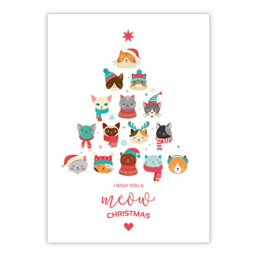 1 lustige Katzen Weihnachtsbaum Weihnachtskarte: I wish U meow christmas • Klappkarten Set mit Umschlag zu Weihnachten, Neujahr für Familie, Freunde, Firmen Kollegen von Kartenkaufrausch