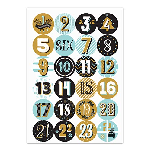 1 x 24 Handlettering Advents Aufkleber mit den Zahlen 1-24 für stilvolle Kalender, türkis MATTE Papieraufkleber für Adventskalender, zum dekorieren & basteln ø 45mm von Kartenkaufrausch