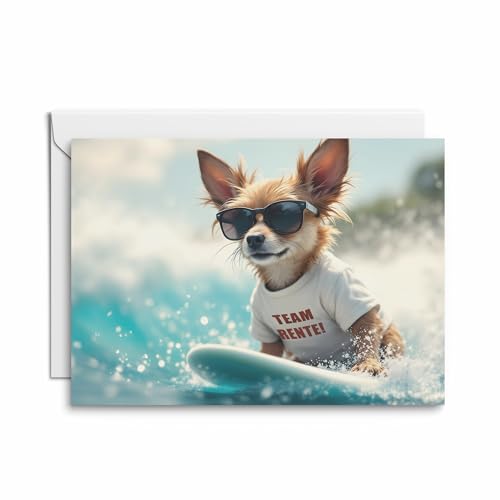 10 x Humorvolle Ruhestandskarte: Team Rente mit Chihuahua auf Surfbrett. Die ideale Klappkarte für den Abschied von Kollegen, Freunden, Mitarbeitern, die einen coolen Start in die Rente feiern von Kartenkaufrausch