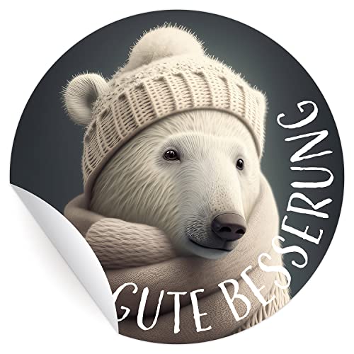 1x 24 liebevolle runde Genesungs Aufkleber mit Eisbär: Gute Besserung, MATTE Geschenksticker zur Aufmunterung, niedliche universal Etiketten selbstklebende Sticker (4,5cm) von Kartenkaufrausch