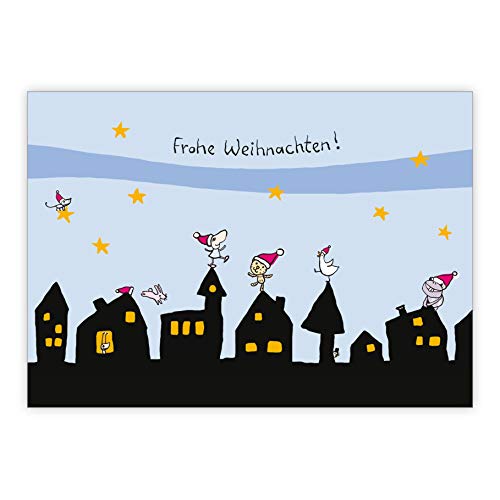 1x Lustige Weihnachtskarte mit Weihnachts-Stadt und Sternen: Frohe Weihnachten • Klappkarten Set mit Umschläge zum Weihnachts-Fest, Neujahr für Familie Freunde Firma von Kartenkaufrausch