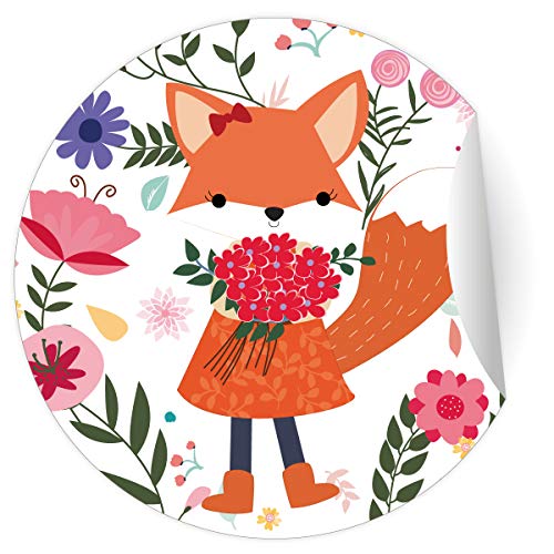 24 Blumen Glückwunsch Aufkleber mit Fuchs Mädchen die Blumen bringt, MATTE universal Etiketten, runde selbstklebende Sticker als Dank, zum Geburtstag, für Deko (4,5cm) von Kartenkaufrausch