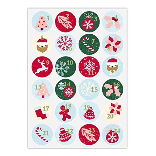 24 Retro Advents Aufkleber mit den Zahlen 1-24 auf Weihnachts Symbolen, hellblau rot grün, MATTE universal Papieraufkleber für Adventskalender, Geschenke, runde Sticker ø 45mm von Kartenkaufrausch