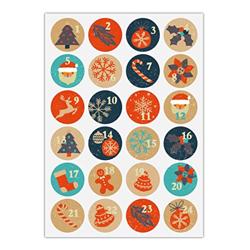 24 Retro Advents Aufkleber mit den Zahlen 1-24 auf Weihnachts Symbolen, orange blau, MATTE universal Papieraufkleber für Adventskalender, Geschenke, runde Sticker ø 45mm von Kartenkaufrausch