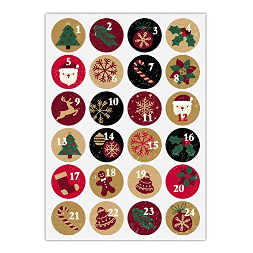 24 Retro Advents Aufkleber mit den Zahlen 1-24 auf Weihnachts Symbolen, rot grün, MATTE universal Papieraufkleber für Adventskalender, Geschenke, runde Sticker, Briefe ø 45mm von Kartenkaufrausch