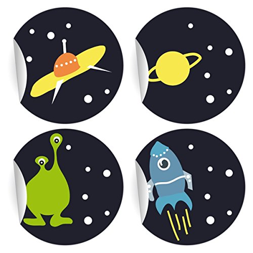 24 außerirdische Aufkleber | Sticker mit Rakete, Monster, Ufo und Planet, MATTE Papieraufkleber für Geschenke, Sticker selbstklebende Etiketten für Paket Brief Deko (ø 45mm) von Kartenkaufrausch