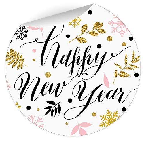 24 edle Silvester Aufkleber mit Handschrift Blätter Motiv: Happy New Year, Glitter Optik, MATTE universal Papieraufkleber runde Sticker selbstklebende Etiketten für Dekoø 45mm von Kartenkaufrausch