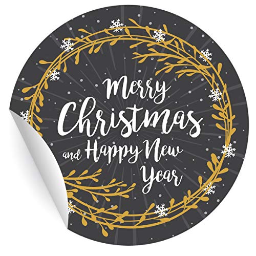 24 edle Weihnachts Aufkleber mit Schneeflocken Kranz: Merry Christmas and happy new year, grau, MATTE universal Papieraufkleber runde selbstklebende Sticker für Deko ø 45mm von Kartenkaufrausch