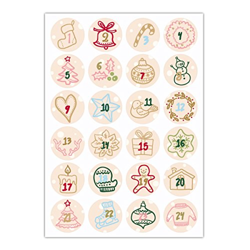 24 gezeichnete Advents Aufkleber mit den Zahlen 1-24 auf Weihnachts Symbolen, hell beige, MATTE universal Papieraufkleber für Adventskalender, Geschenke, runde Sticker ø 45mm von Kartenkaufrausch