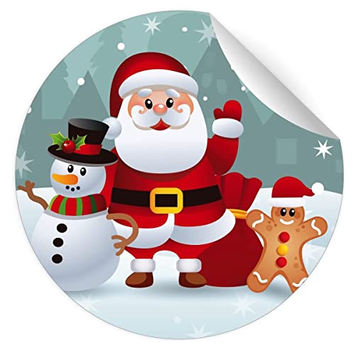 24 klassische Weihnachts Aufkleber mit winkendem Weihnachtsmann Schneemann und Lebkuchen Männchen, rot, MATTE universal Etiketten Paket runde selbstklebende Sticker ø 45mm von Kartenkaufrausch