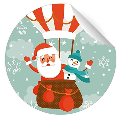 24 klassische Weihnachts Aufkleber mit winkendem Weihnachtsmann und Schneemann im Heißluftballon, bunt, MATTE universal Etiketten Paket runde selbstklebende Sticker ø 45mm von Kartenkaufrausch