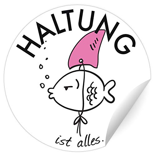 24 lustige Motivations Spruch Aufkleber mit Hai Goldfisch für beste Freunde Familie Kollegen, MATTE universal Etiketten, runde selbstklebende Sticker (4,5cm) Haltung ist alles von Kartenkaufrausch