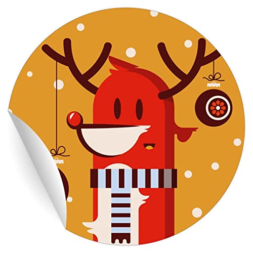 24 lustige70er Jahre Retro Weihnachts Aufkleber mit Hirsch, orange, MATTE universal Papieraufkleber für Weihnachts Geschenke, runde Sticker selbstklebende Etiketten ø 45mm von Kartenkaufrausch