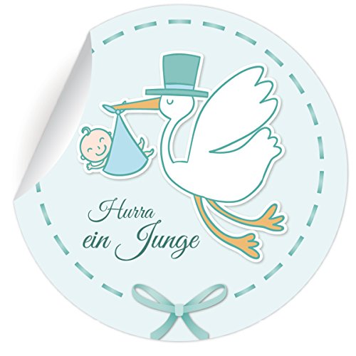 24 niedliche Baby Aufkleber | runde Sticker mit Storch "Hurra ein Junge", MATTE universal Papieraufkleber für Einladungen, Geschenke, runde selbstklebende Sticker ø 45mm von Kartenkaufrausch