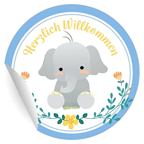 24 niedliche Baby Aufkleber mit kleinem Elefanten und Blumen zu Geburt Junge: Herzlich Willkommen, hellblau, MATTE Etiketten runde selbstklebende Sticker für Geschenke ø 45mm von Kartenkaufrausch