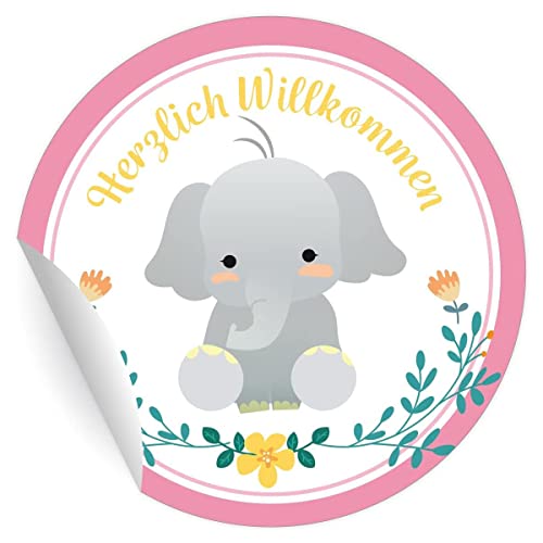 24 niedliche Baby Aufkleber mit kleinem Elefanten und Blumen zu Geburt eines Mädchen: Herzlich Willkommen, rosa, MATTE Etiketten runde selbstklebende Sticker, Geschenke ø 45mm von Kartenkaufrausch