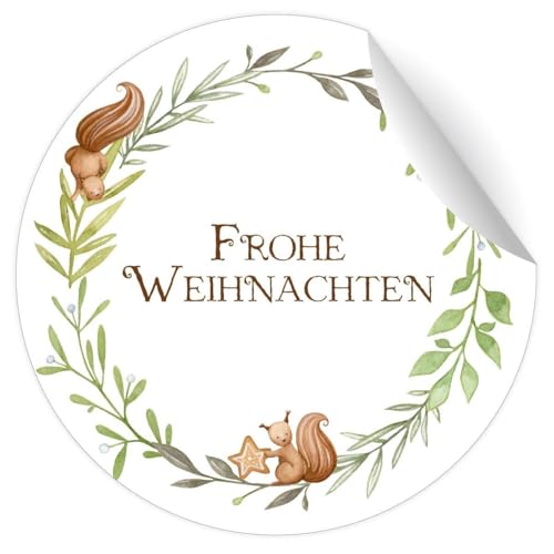 24 niedliche Weihnachts Aufkleber mit Eichhörnchen Weihnachtskranz, MATTE Etiketten zu Weihnachten, universal runde selbstklebende Sticker (4,5cm) Frohe Weihnachten von Kartenkaufrausch