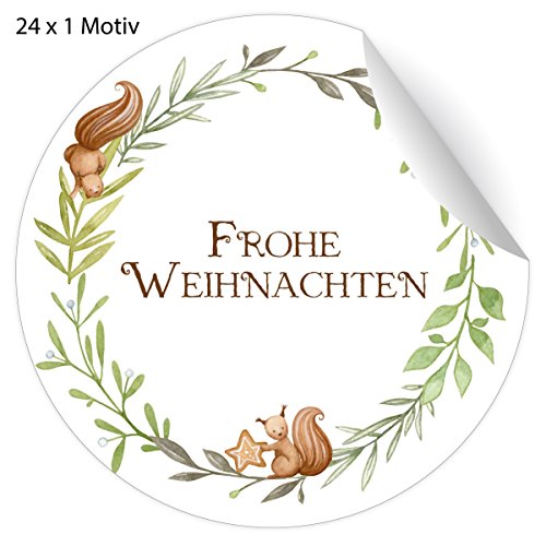 24 niedliche Weihnachts Aufkleber mit Eichhörnchen Weihnachtskranz, MATTE Etiketten zu Weihnachten, universal runde selbstklebende Sticker (4,5cm) Frohe Weihnachten von Kartenkaufrausch